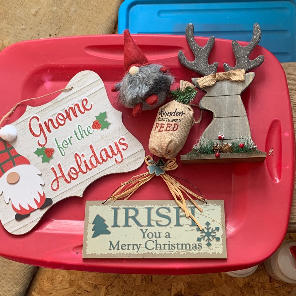 Holiday Gnome and Reindeer Decor Set - Red and Gray